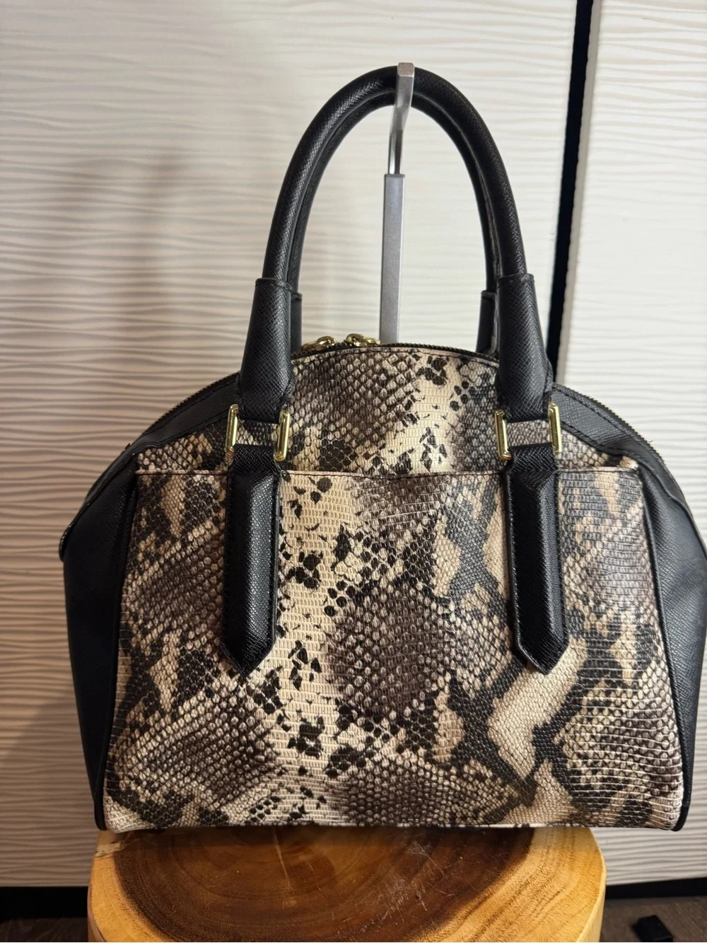London Fog Black and Beige Python-Print Dome Satchel